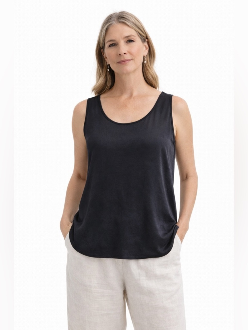 Eileen Fisher Black 100% Silk Georgette Top Capsule Wardrobe Classic Style M